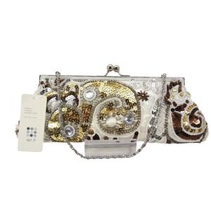 Apt 9 White w Gold & Silver Beaded Paisley Sequin Clutch Bag Kiss Lock NWT